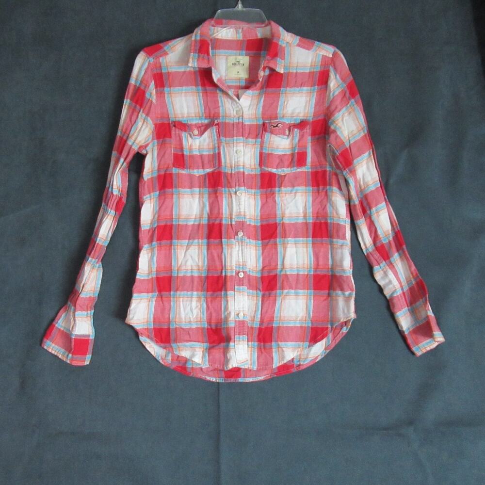 Hollister Shirt Womens Medium Red Cream Plaid Flannel Cabincore Cowgirl Western